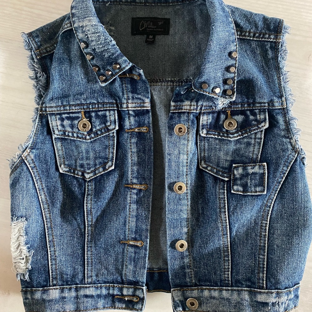 Chiole brand distressed blue denim vest with embellishments